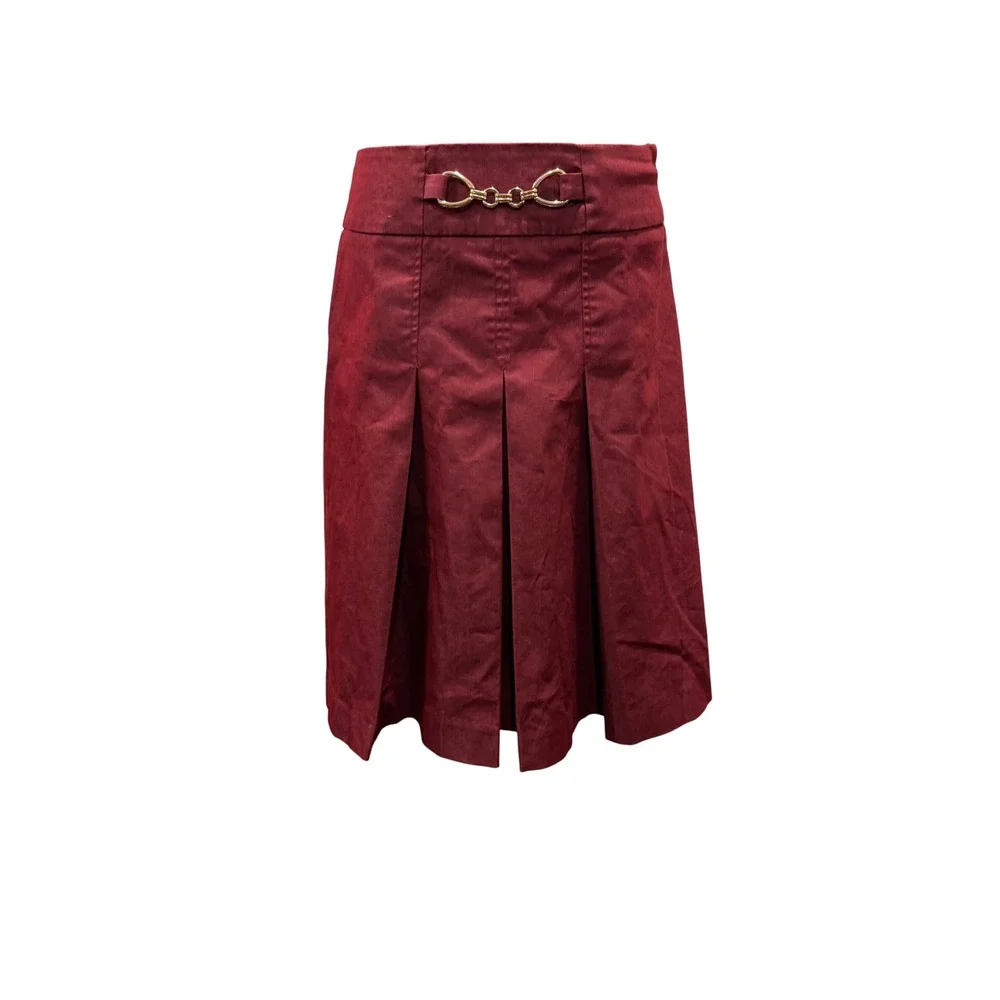 New York & Company‎ Burgundy Horsebit Pleated Knee Length Skirt Size 6 Stretch